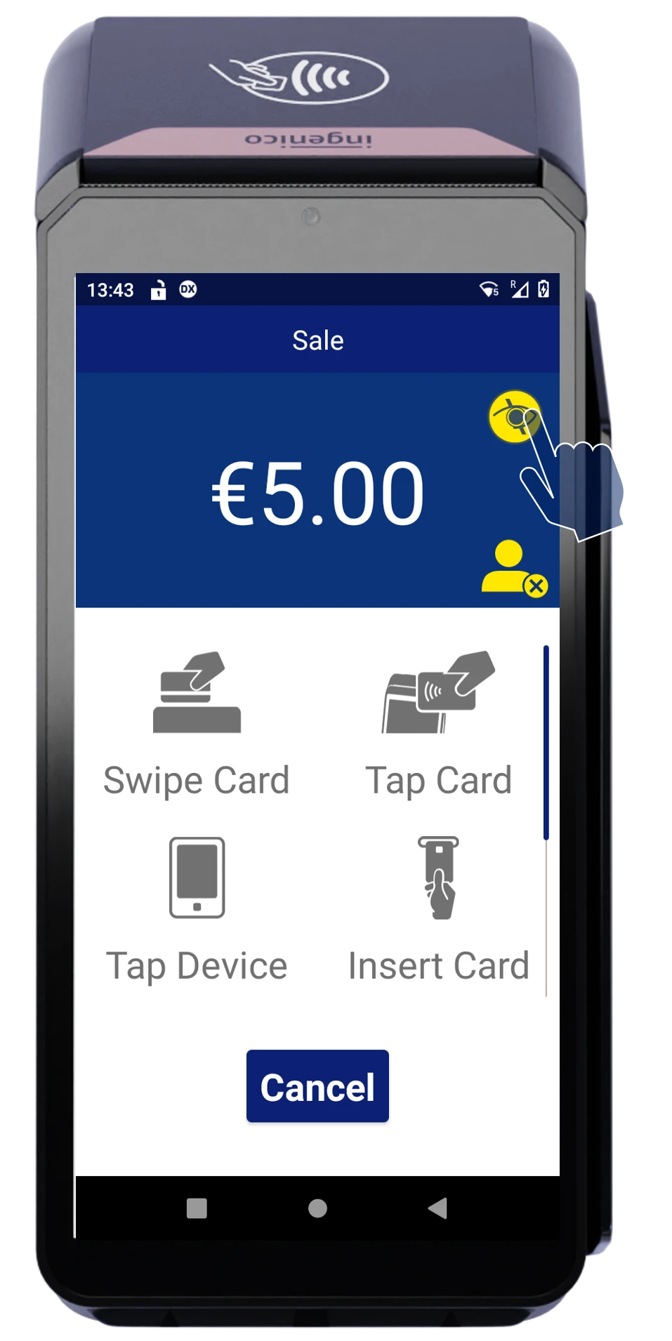 Ingenico payment terminal screen showing €5.00 transaction with multiple card payment options