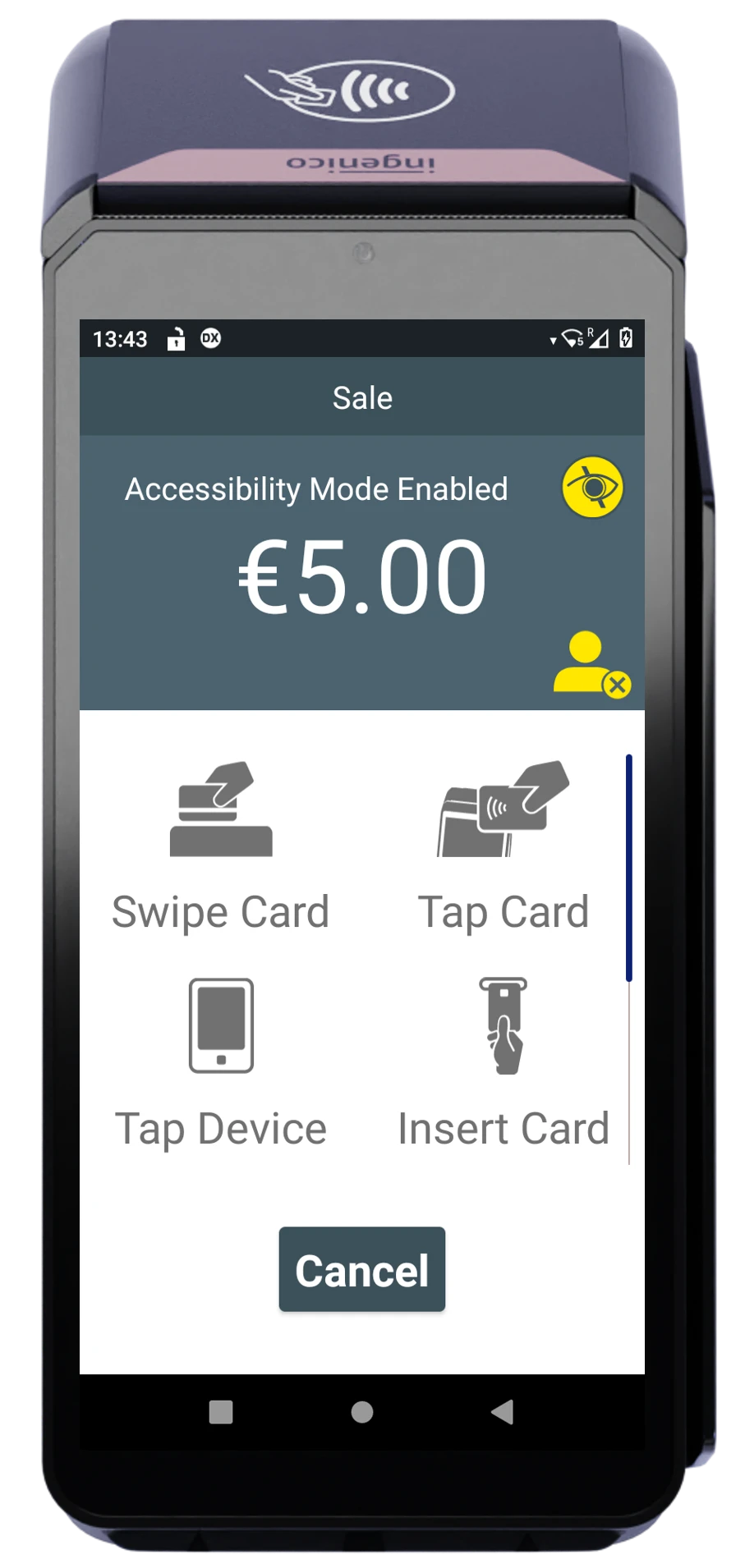 Payment terminal screen showing €5.00 sale with accessibility mode enabled and multiple card input options.