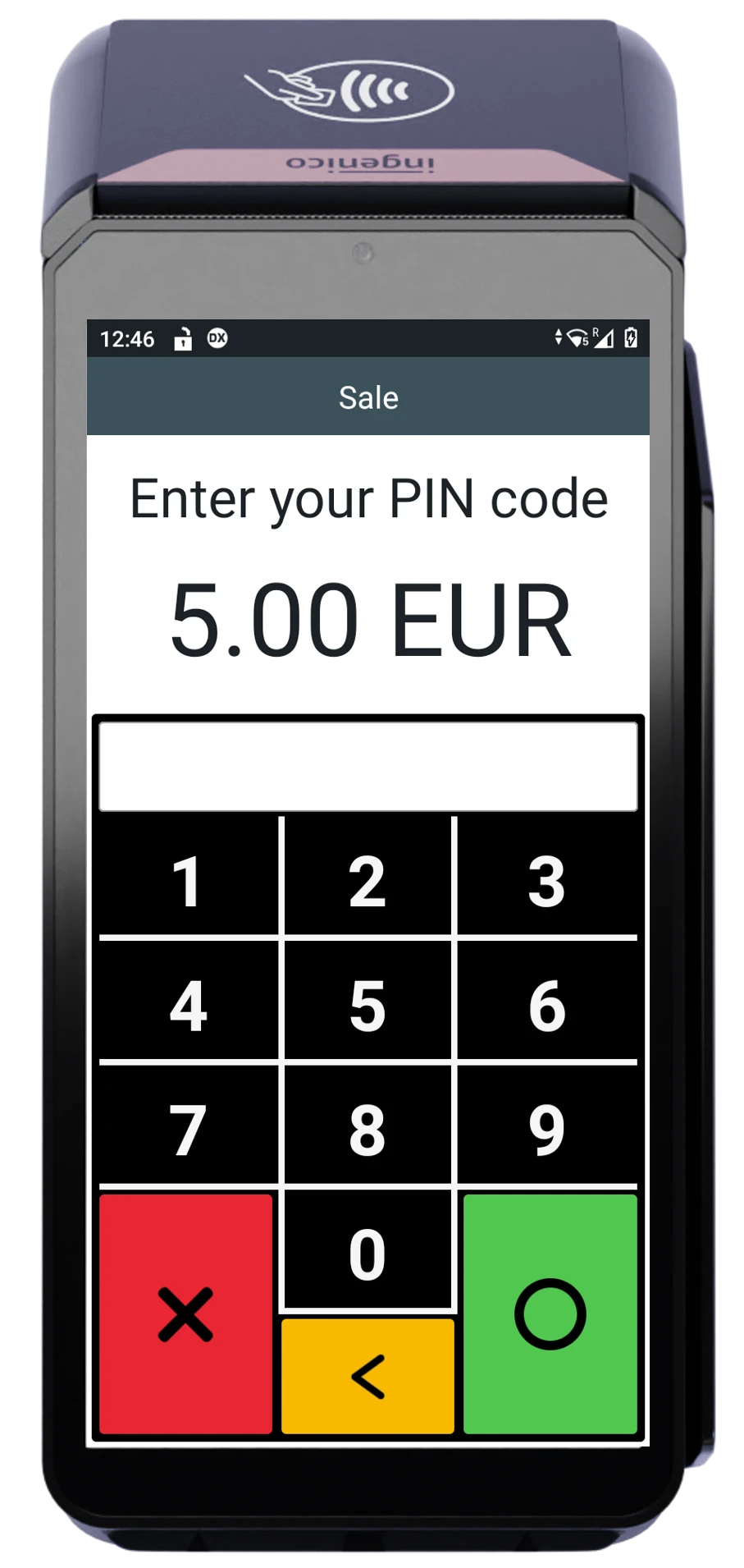 Ingenico terminal requesting PIN input for €5.00 sale with numeric and function buttons visible.
