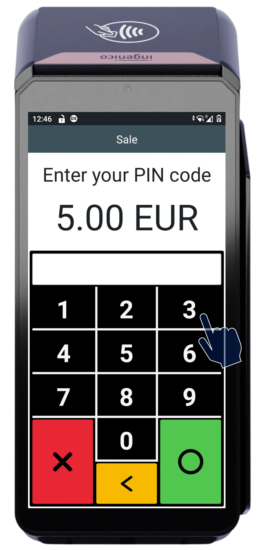 POS device interface showing 'Enter your PIN code' for €5.00 transaction with keypad and hand icon on number 3.